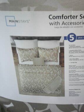 NEW MAINSTAYS COMFORTER SET & ACCESSORIES FULL QUEEN GOLD FOLIAGE PRINT 5 PCS 🎁